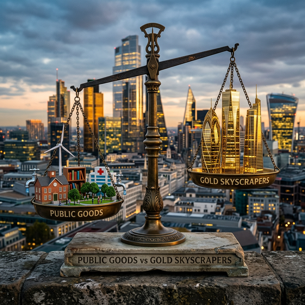 Balance scale with public goods and gold skyscrapers in a city background