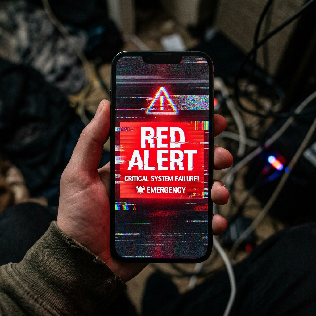 Smartphone screen showing a red alert with text critical system failure and emergency