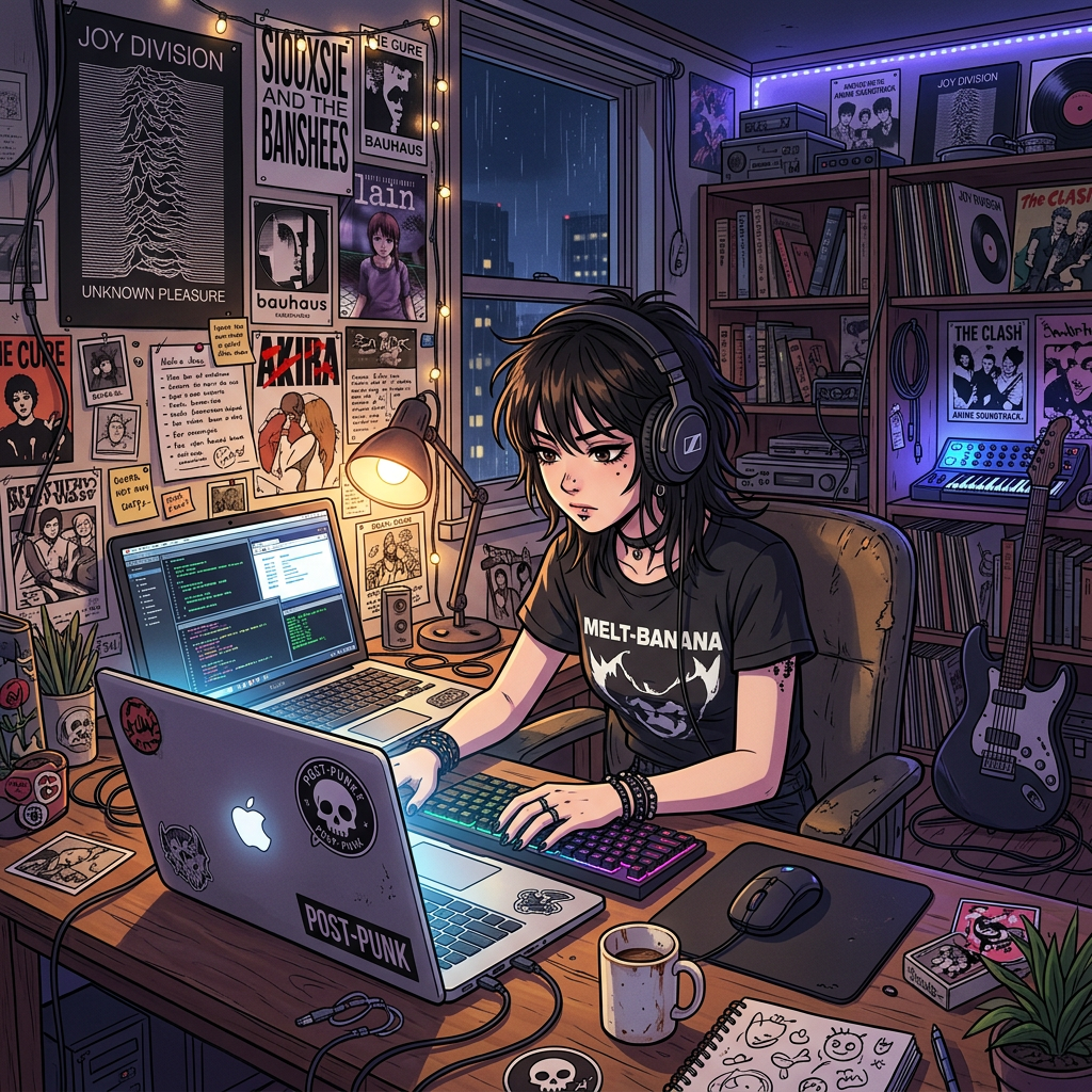 Young woman wearing headphones coding on a laptop in a room decorated with indie music posters and gear