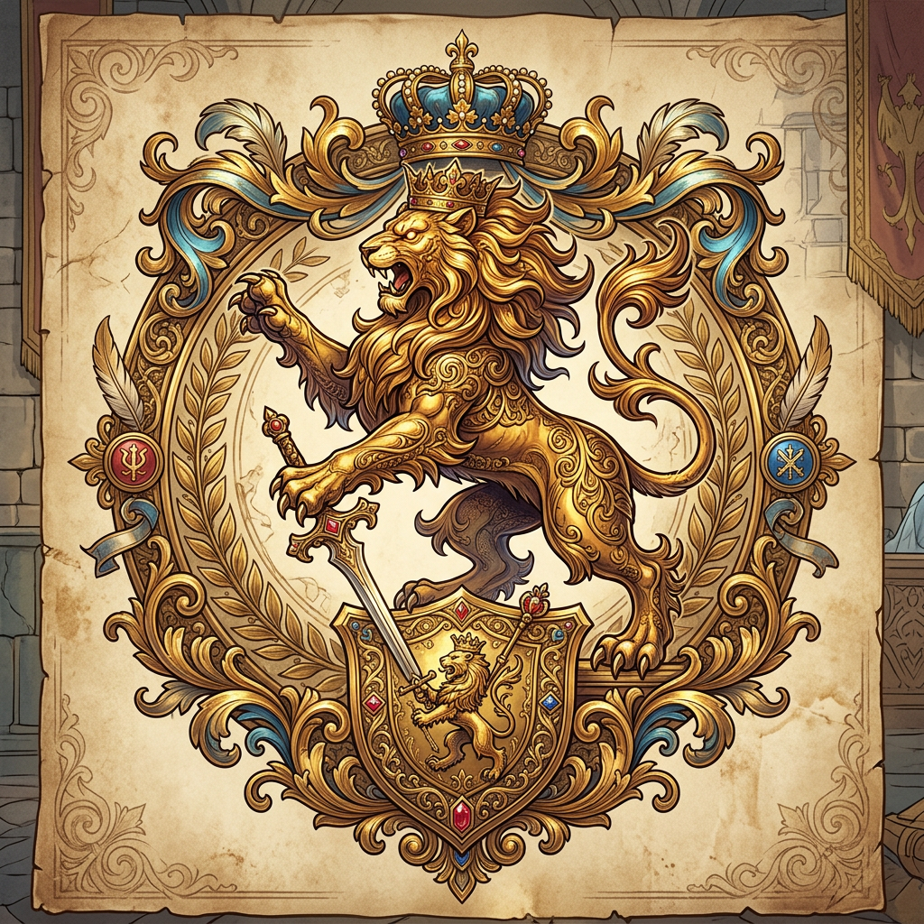 Golden lion with crown holding sword in heraldic crest with decorative frame
